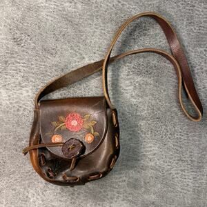 Vintage Brown Floral Tooled Leather Crossbody Bag